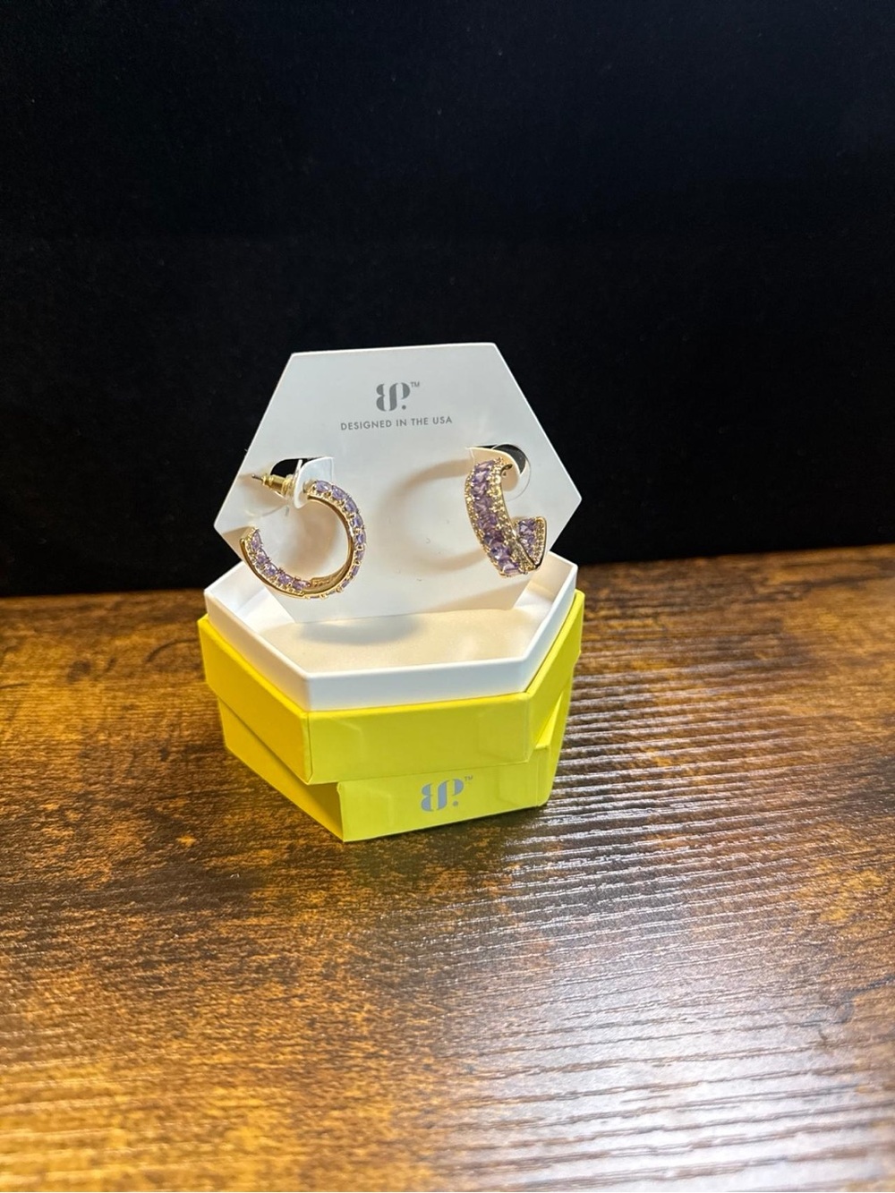 Gold Hoop Earrings with Lavender Crystals - Designed in the USA